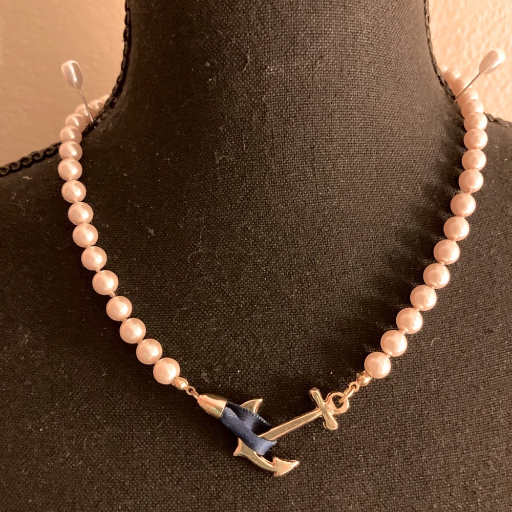 SALE.Kiel James Patrick Valerie Pearl Anchor Necklace with Navy Blue Ribbon